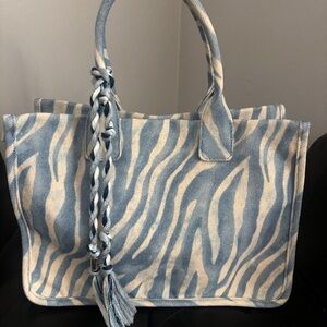 Stylish Vince Camuto Orla Zebra Print Tote in Blue and Cream